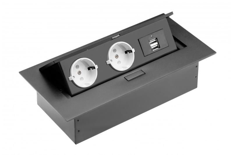 Przedłużacz biurkowy, 2 gniazda schuko, 2 gniazda USB, bez kabla, czarny 1208958686