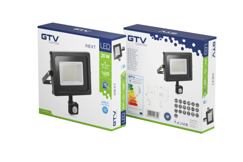 Reflektor LED iNEXT z czujnikiem ruchu 20 W 1600 lm, PF>0,9, RA>80, IP65, 120°, 6400 K, czarny korpus 1208962859