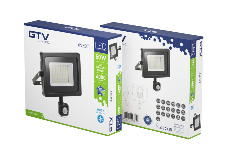 Reflektor LED iNEXT z czujnikiem ruchu 50W 4000lm, PF>0,9, RA>80, IP65, 120°, 6400K, czarne ciało 1208962862