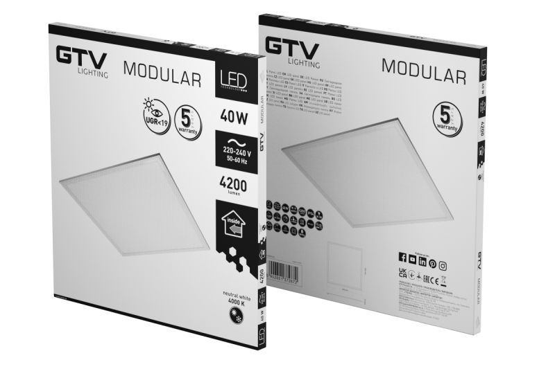 Oświetlenie LED MODULAR, tylna płyta, 60x60cm, 4000K, 40W, 4200lm, AC220-240V, PF>0,9, IP54, 5 lat, UGR<19 1208963000