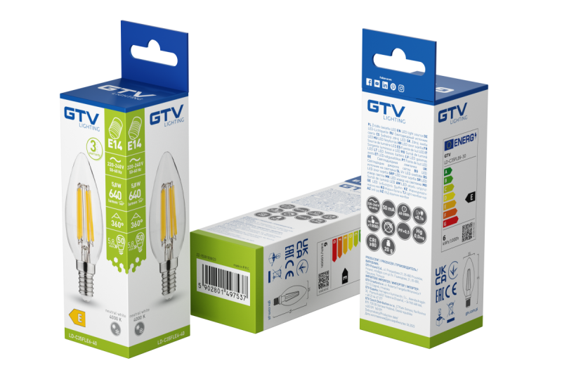 ŹRÓDŁO ŚWIATŁA LED, FILAMENT, A-G, C35, 4000K, E14, 5,8W, AC220-240V, 360°, 640lm, 50mA 1208966965