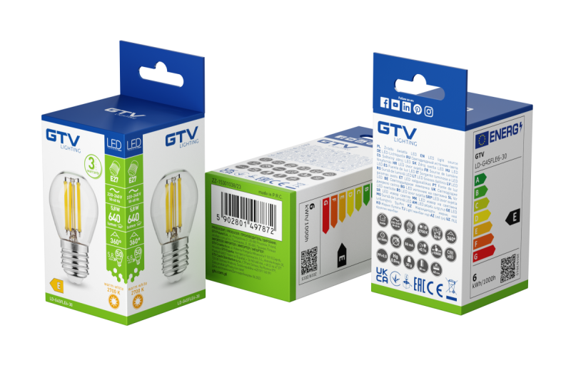 ŹRÓDŁO ŚWIATŁA LED, FILAMENT, A-G, G45, 2700K, E27, 5,8W, AC220-240V, 360°, 640lm, 50mA 1208966966