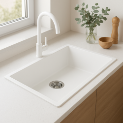 GraniteMy Universele granieten grote witte spoelbak 74x40 cm wit opbouw, onderbouw en vlakbouw met roestvrijstalen plug 1208967111