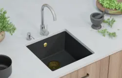 GraniteMy Universele granieten zwarte spoelbak 40x40 cm zwart, opbouw, onderbouw en vlakbouw met gouden plug 1208967113