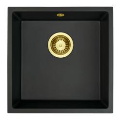 GraniteMy Universele granieten zwarte spoelbak 40x40 cm zwart, opbouw, onderbouw en vlakbouw met gouden plug 1208967113
