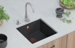 GraniteMy Universele granieten zwarte spoelbak 40x40 cm czarny nabudowa podbudowa i montaż na równi z miedzianym korkiem 1208967114