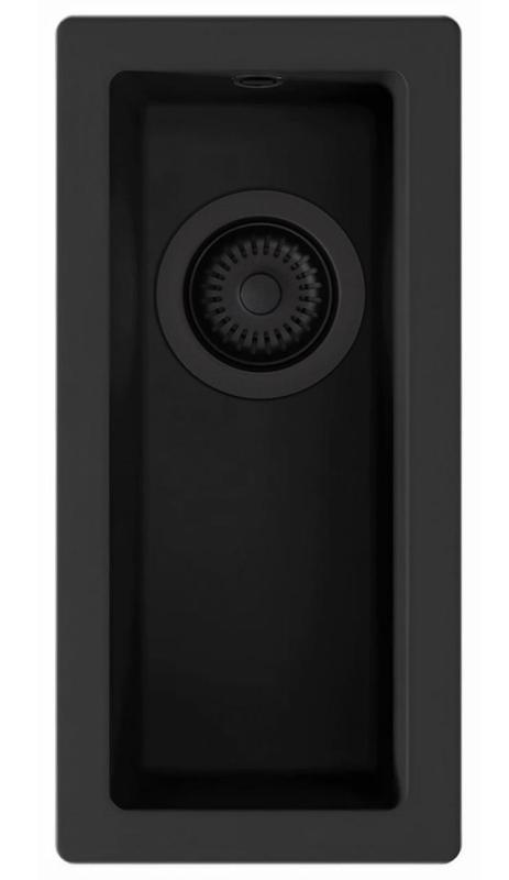 GraniteMy Universele granieten kleine zwarte spoelbak 17x40 cm zwart, geschikt voor opbouw, onderbouw en vlakbouw met zwarte plug 1208967140