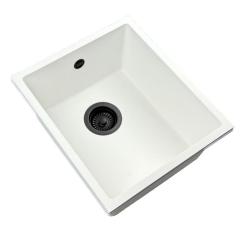 GraniteMy Uniwersalny biały zlewozmywak granitowy 34x40 cm montowany na blat, podblatowy i wpuszczany z czarnym korkiem 1208967147