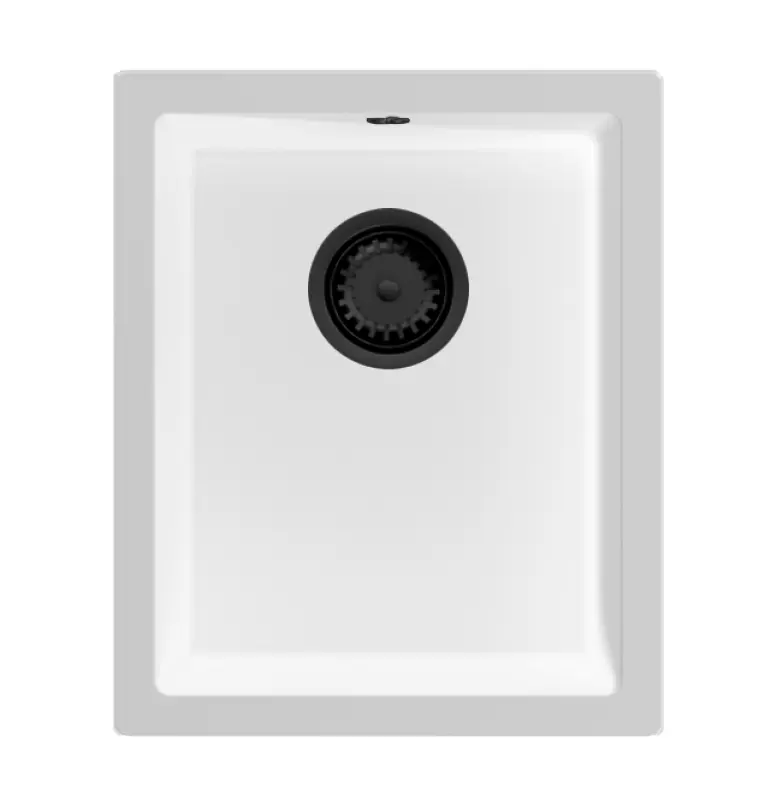 GraniteMy Uniwersalny biały zlewozmywak granitowy 34x40 cm montowany na blat, podblatowy i wpuszczany z czarnym korkiem 1208967147