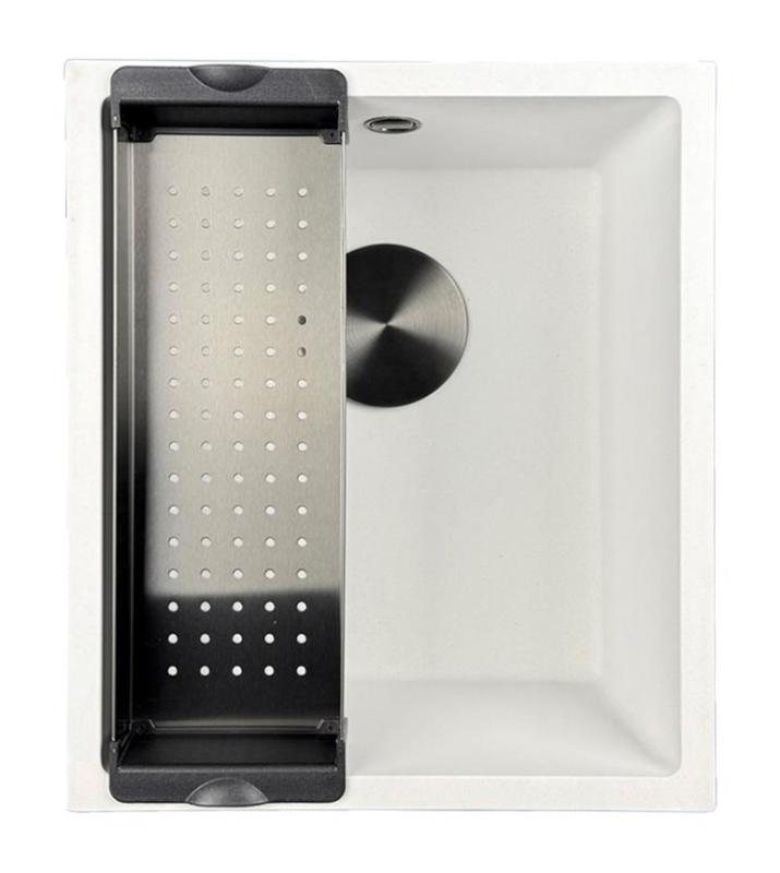 GraniteMy Uniwersalny biały zlewozmywak granitowy 34x40 cm montowany na blat, podblatowy i wpuszczany z czarnym korkiem 1208967147