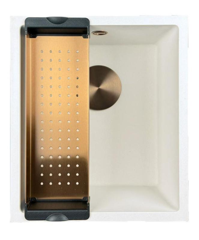 GraniteMy Universele granieten witte spoelbak 34x40 cm wit opbouw onderbouw en vlakbouw met koperen plug 1208967148