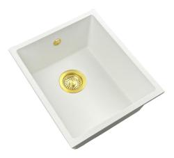 GraniteMy Universele granieten witte spoelbak 34x40 cm wit opbouw onderbouw en vlakbouw met gouden plug 1208967149