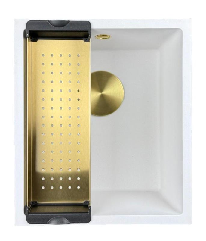 GraniteMy Universele granieten witte spoelbak 34x40 cm wit opbouw onderbouw en vlakbouw met gouden plug 1208967149