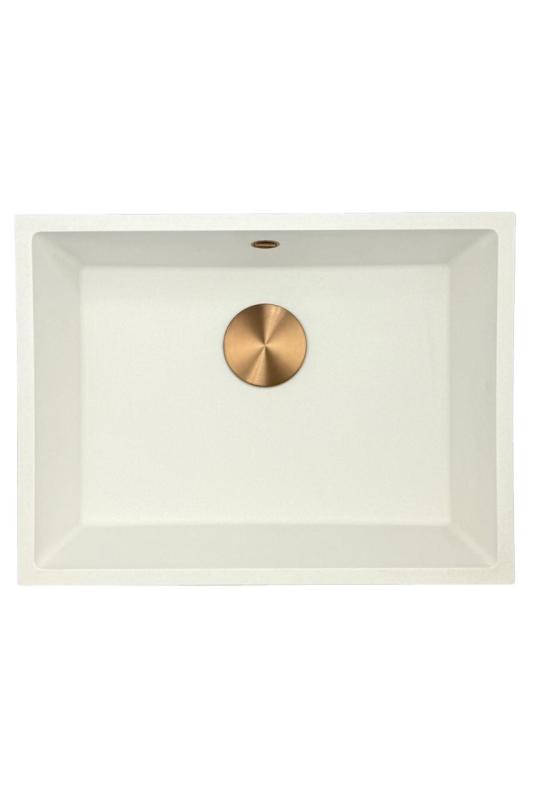 GraniteMy Uniwersalny granitowy biały zlew 55x40 cm biały montaż na powierzchni, pod montażem i montażem płaskim z miedzianym korkiem 1208967156