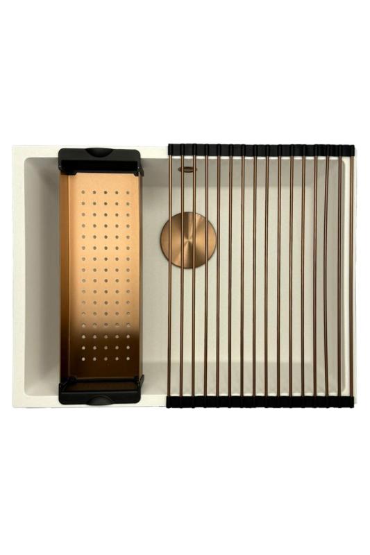 GraniteMy Uniwersalny granitowy biały zlew 55x40 cm biały montaż na powierzchni, pod montażem i montażem płaskim z miedzianym korkiem 1208967156