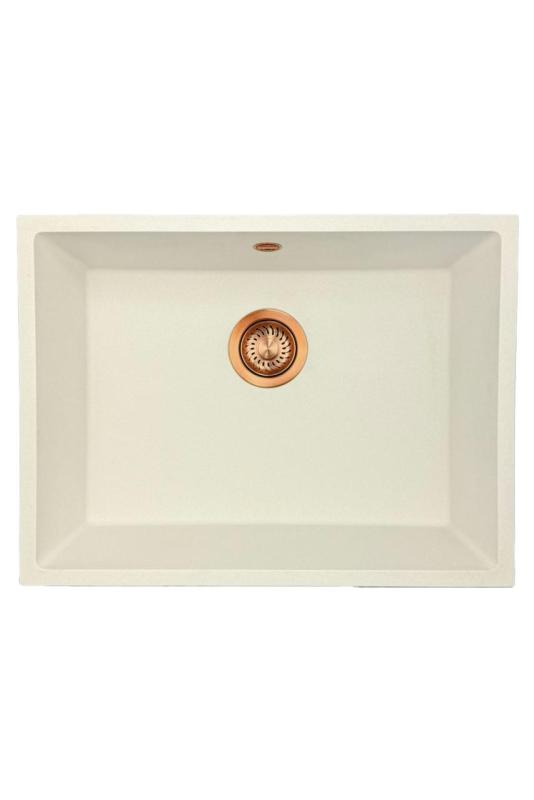 GraniteMy Uniwersalny granitowy biały zlew 55x40 cm biały montaż na powierzchni, pod montażem i montażem płaskim z miedzianym korkiem 1208967156