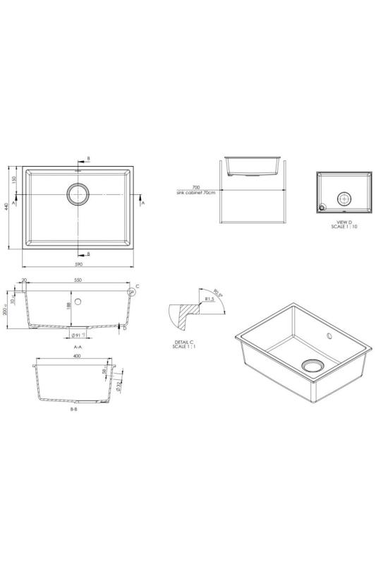 GraniteMy Uniwersalny granitowy biały zlew 55x40 cm biały montaż na powierzchni, pod montażem i montażem płaskim z miedzianym korkiem 1208967156