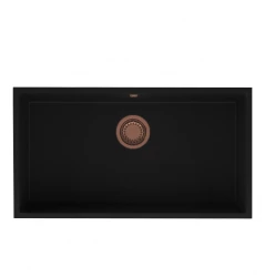 GraniteMy Uniwersalny duży granitowy czarny zlew 74x40 cm montaż na blacie, pod blatem i na równi z blatem z miedzianym korkiem 1208967158