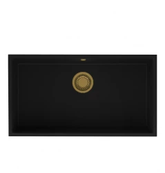 GraniteMy Uniwersalny granitowy duży czarny zlew 74x40 cm do montażu na blacie, pod blatem i wpuszczany z złotym korkiem 1208967159