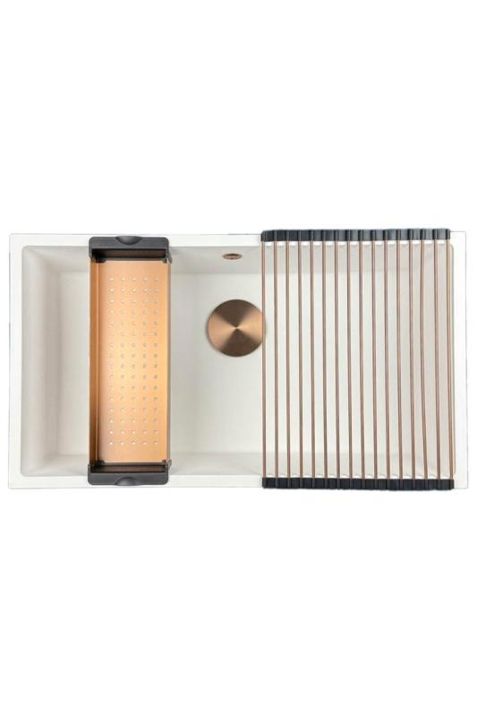 GraniteMy Universele granieten grote witte spoelbak 74x40 cm wit opbouw onderbouw en vlakbouw met koperen plug 1208967162