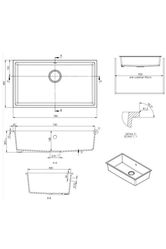 GraniteMy Universele granieten grote witte spoelbak 74x40 cm wit opbouw onderbouw en vlakbouw met koperen plug 1208967162