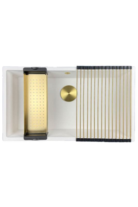 GraniteMy Uniwersalny duży biały zlew granitowy 74x40 cm biały, montaż nablatowy, podwieszany i wpuszczany z złotym korkiem 1208967163