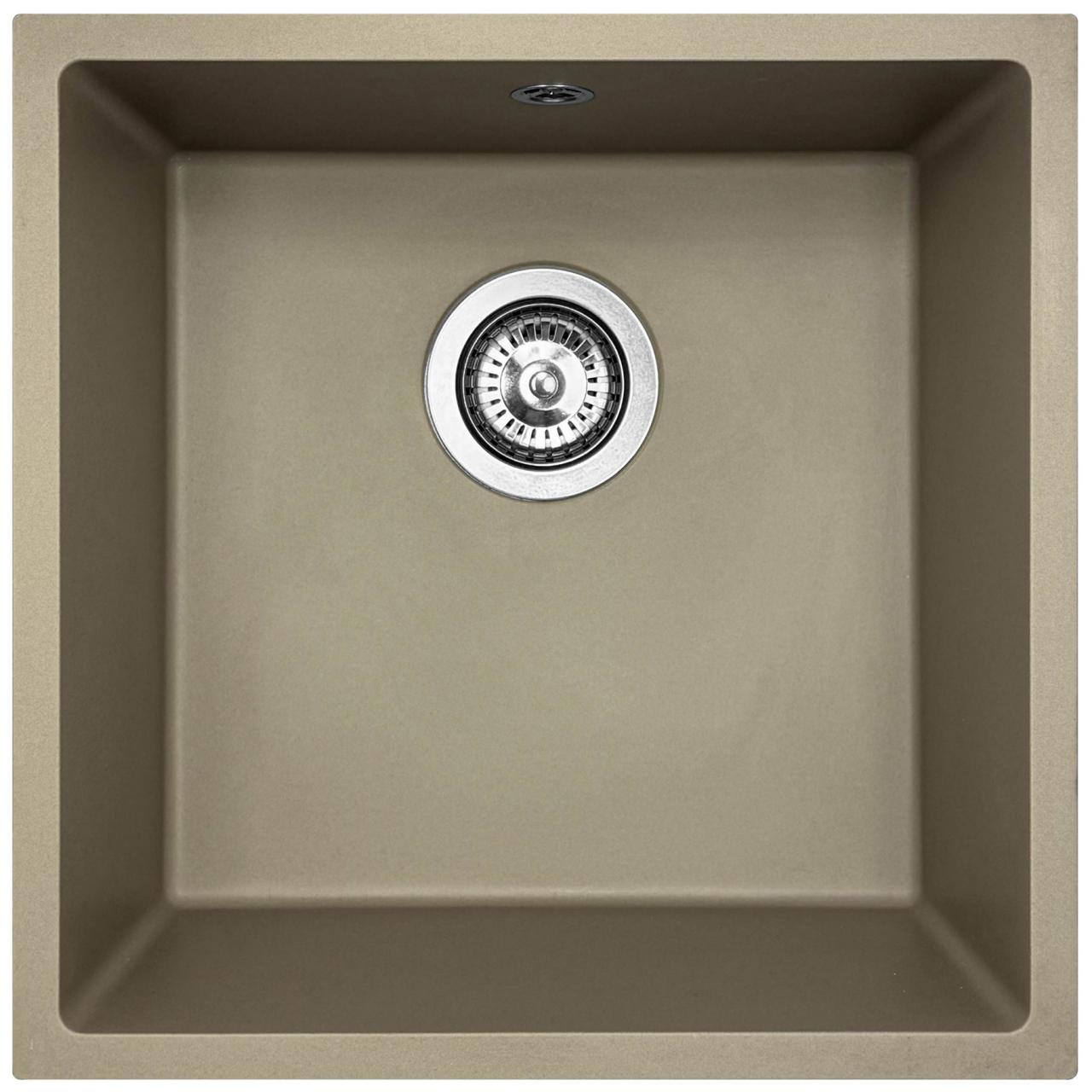 GraniteMy Universele granieten taupe gootsteen 40x40 cm opbouw, onderbouw en vlakbouw met roestvrijstalen plug 1208967211