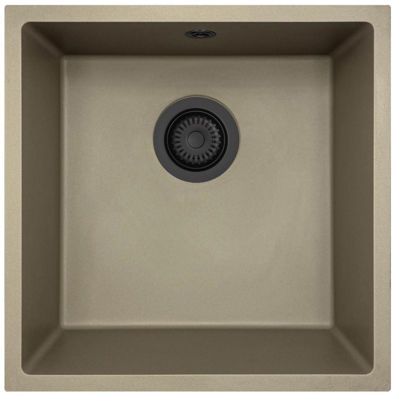 GraniteMy Uniwersalny granitowy zlew taupe 40x40 cm do montażu na blacie, pod blatem i na równi z blatem z czarnym korkiem 1208967213