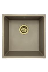 GraniteMy Universele granieten taupe gootsteen 40x40 cm opbouw, onderbouw en vlakbouw met gouden afvoerplug 1208967215