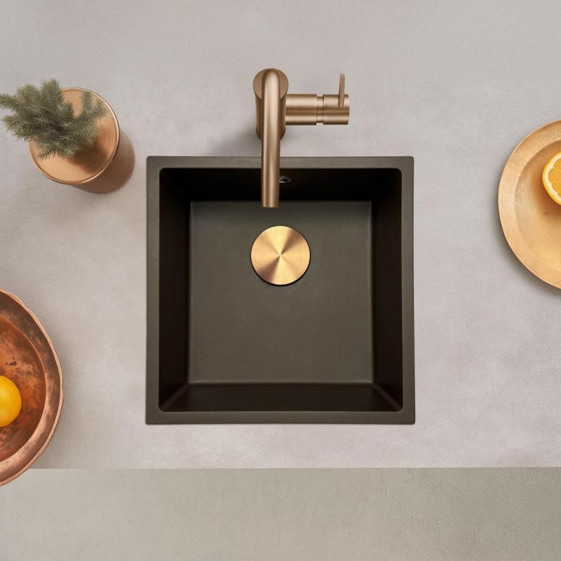 GraniteMy Uniwersalny granitowy zlew kawiarniany 40x40 cm montaż na blacie, pod blatem i na równi z blatem z miedzianym korkiem 1208967217