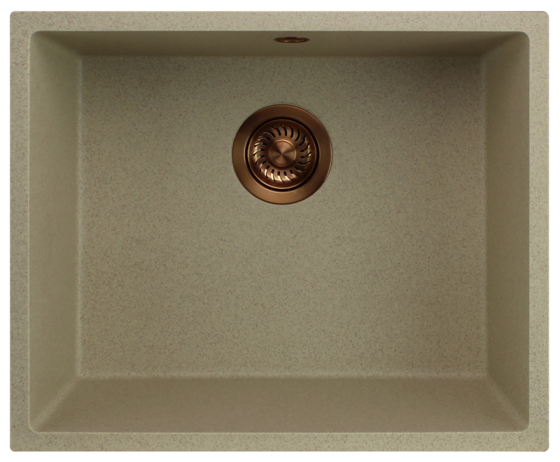 GraniteMy Uniwersalny granitowy beżowy zlewozmywak piaskowy 50x40 cm montowany na blacie, pod blatem i na równi z blatem z miedzianym korkiem 1208967221
