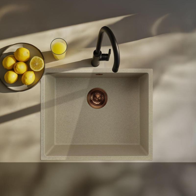 GraniteMy Uniwersalny granitowy beżowy zlewozmywak piaskowy 50x40 cm montowany na blacie, pod blatem i na równi z blatem z miedzianym korkiem 1208967221