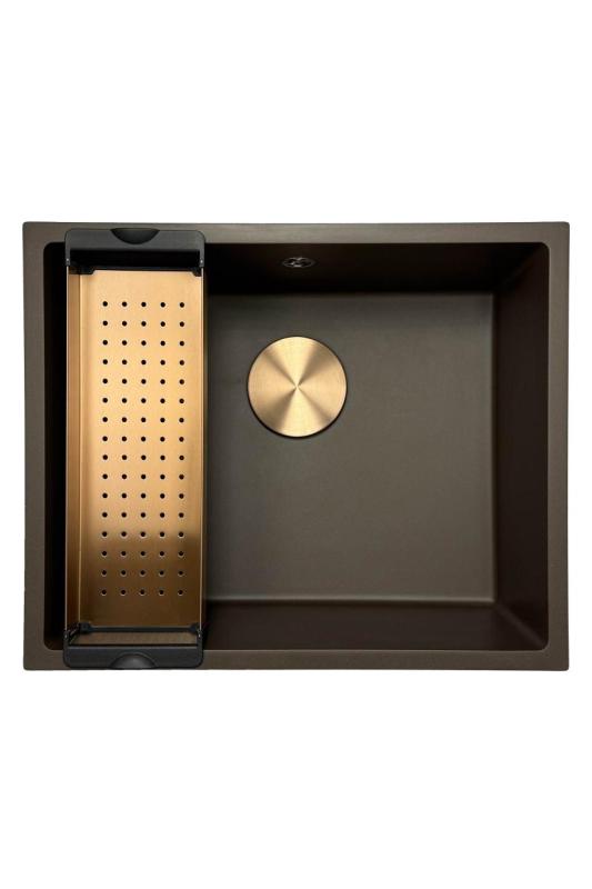 GraniteMy Universal granitowy zlew kawiarniany 50x40 cm montowany na blacie, pod blatem i na równi z blatem z miedzianym korkiem 1208967229
