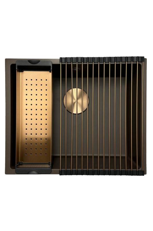 GraniteMy Universal granitowy zlew kawiarniany 50x40 cm montowany na blacie, pod blatem i na równi z blatem z miedzianym korkiem 1208967229