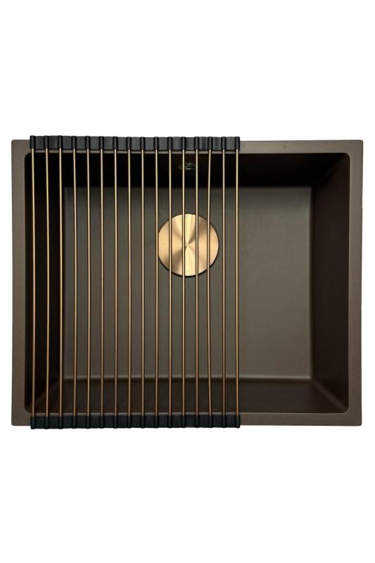 GraniteMy Universal granitowy zlew kawiarniany 50x40 cm montowany na blacie, pod blatem i na równi z blatem z miedzianym korkiem 1208967229