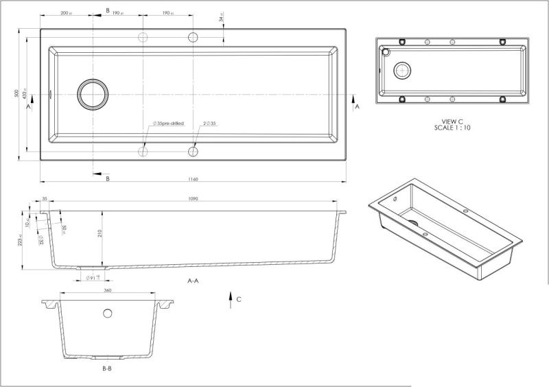 GraniteMy Zlew granitowy, bardzo duży, czarny, 116x50 cm, montowany na blacie, z otworem na baterię, z miedzianym korkiem, numer 1208967238