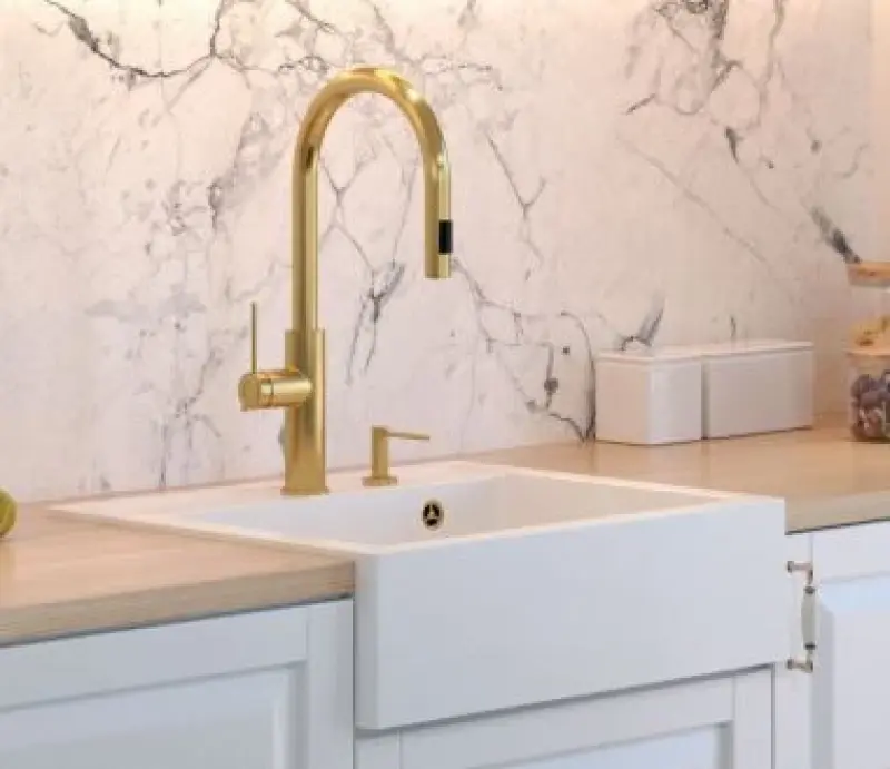 Quadri Farmhouse wiejska zlewozmywak granitowy wpuszczany lub nasadzany matowy biały z miedzianym korkiem 595x540mm 1208967265