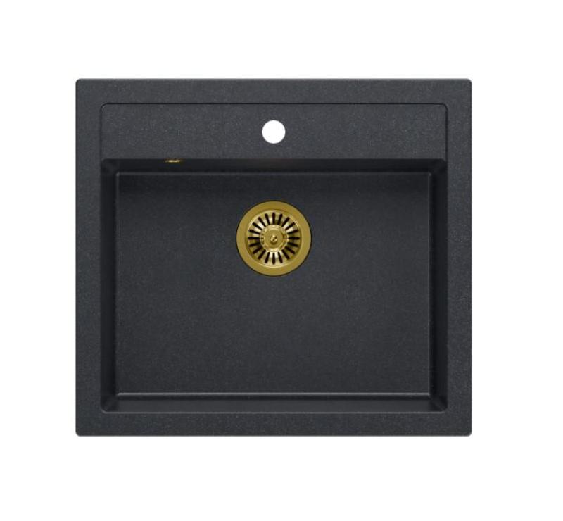 Quadri Farmhouse rustieke inbouw of opbouw granieten gootsteen antraciet met gouden afvoerstop 595x540mm 1208967267