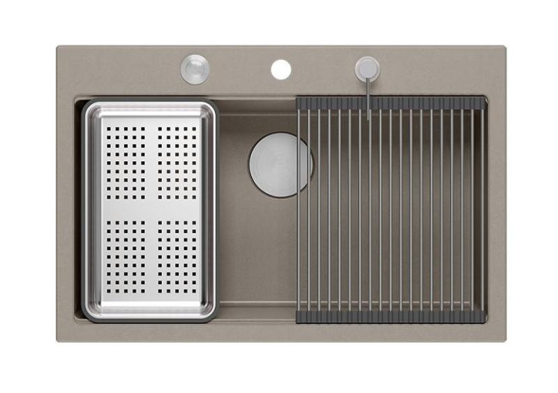 Quadri Hard Rock taupe granitowy zlew nablatowy duży 76x50cm, w zestawie z korkiem ze stali nierdzewnej i akcesoriami 1208967270
