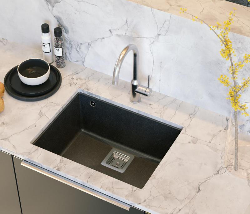 Quadri Quadrangle antracytowy granitowy zlewozmywak podwieszany 55x42cm z korkiem ze stali nierdzewnej 1208967273