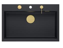 Quadri Hard Rock mat czarny granitowy zlew nablatowy duży 76x50cm, w zestawie złoty korek i akcesoria 1208967277