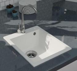 GraniteMy Bremen granitowy biały zlew 40x50 cm biały do montażu nablatowego, podwieszanego i wpuszczanego z półką pod baterię, z korkiem ze stali nierdzewnej 1208967284