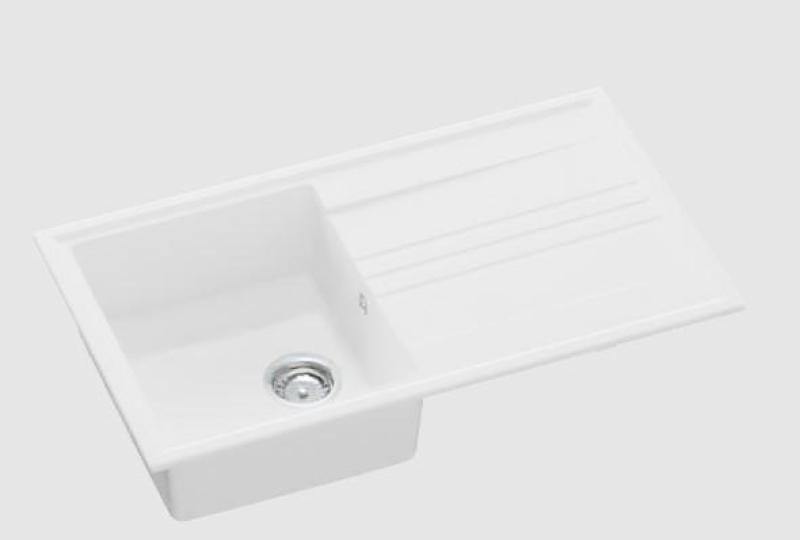 GraniteMy Vesi granitowy zlew na blacie biały 86x50cm z ociekaczem, odwracalny z korkiem ze stali nierdzewnej 1208967291