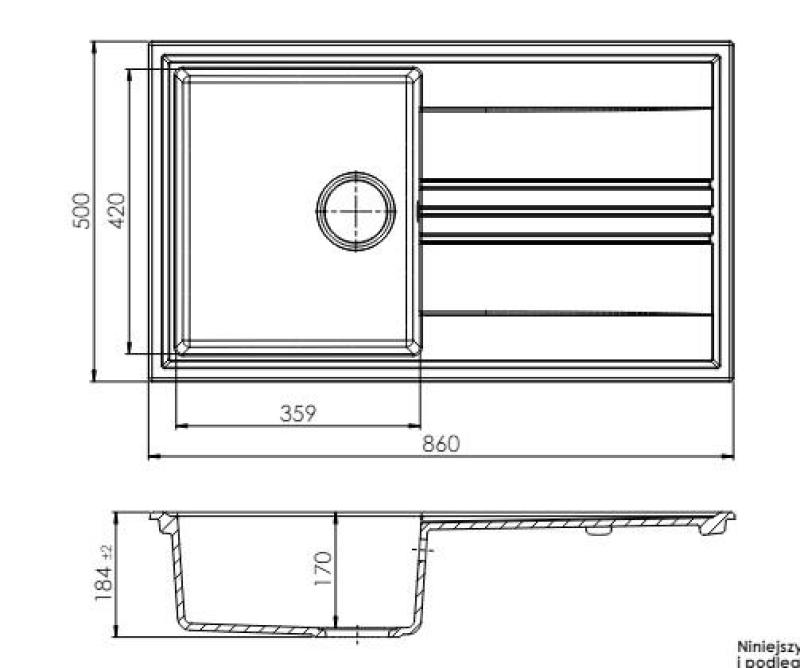 GraniteMy Vesi extra płytki granitowy zlew nablatowy biały 86x50cm z ociekaczem, odwracalny, z czarnym korkiem 1208967292