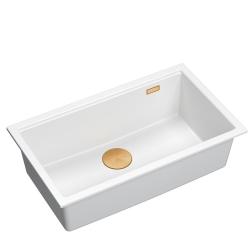 Quadri Newport II duży i głęboki zlew granitowy do montażu nablatowego i podblatowego, biały zlew 76x45 cm z miedzianym korkiem 1208967304