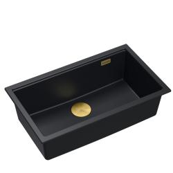 Quadri Newport II duży i głęboki zlewozmywak granitowy do montażu na blacie i pod blatem, czarny zlewozmywak 76x45cm ze złotym korkiem 1208967307