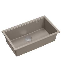 Quadri Newport II duży i głęboki zlew granitowy do montażu na blacie i podblatowy w kolorze taupe, zlew o wymiarach 76x45 cm ze stalowym korkiem 1208967310