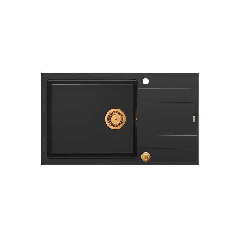 Quadri Luton czarny granitowy duży zlewozmywak nablatowy z ociekaczem, odwracalny, 86x50cm, z miedzianym korkiem 1208967326
