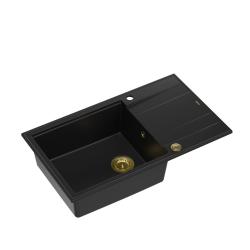 Quadri Luton czarny granitowy duży zlewozmywak nablatowy z ociekaczem, odwracalny, 86x50cm, ze złotym korkiem 1208967327