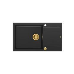 Quadri Luton czarny granitowy duży zlewozmywak nablatowy z ociekaczem, odwracalny, 86x50cm, ze złotym korkiem 1208967327